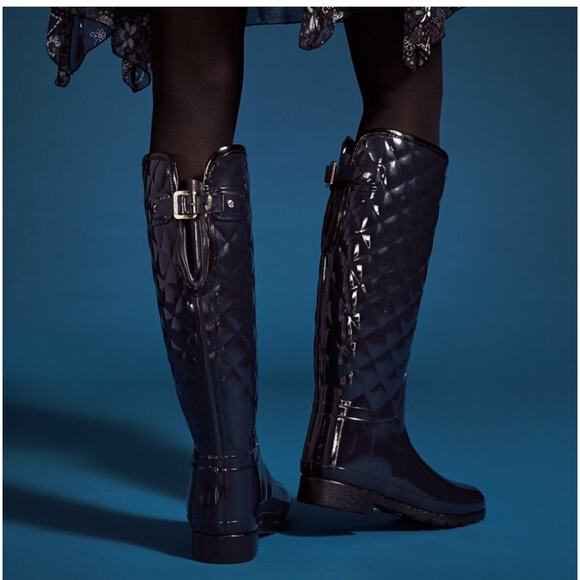 Hunter Gloss Quilted Tall Rain Boots Charcoal Rubber Waterproof 7 Women EUC - Picture 15 of 15